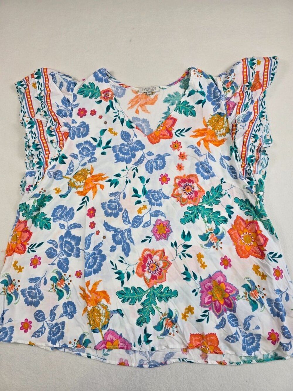 Rachel Zoe Womens Floral Print V-Neck Top With Ruffled Sleeves 2X